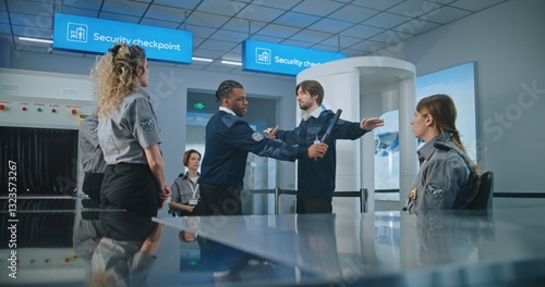 Tablou pe pânză Airport Security Staff: African American TSA Officer Conducting Training Session to Workers, Demonstrating Process of Scanning Passengers with Metal Detector, Screening Procedures for Boarding Flight