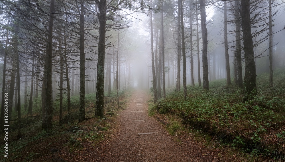 Fototapeta premium deserted path in a forest covered in fog