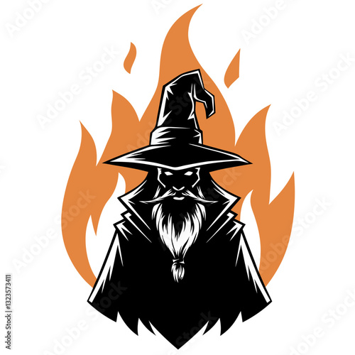 Mysterious Wizard Silhouette with Flames Vector Illustration