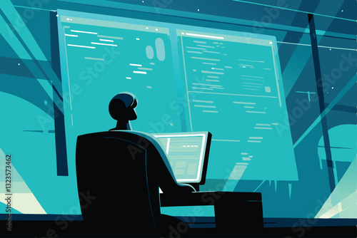 Illustrate a futuristic coder immersed in a holographic interface, showcasing advanced tech & sleek design.  Focus on interaction and futuristic elements.