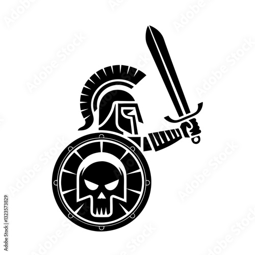 Ancient Spartan Warrior with Sword and Skull Shield Vector Illustration