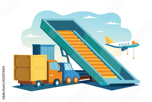 Illustration of a colorful loading area with a slide, truck, and stacked boxes in a cheerful urban environment during daylight