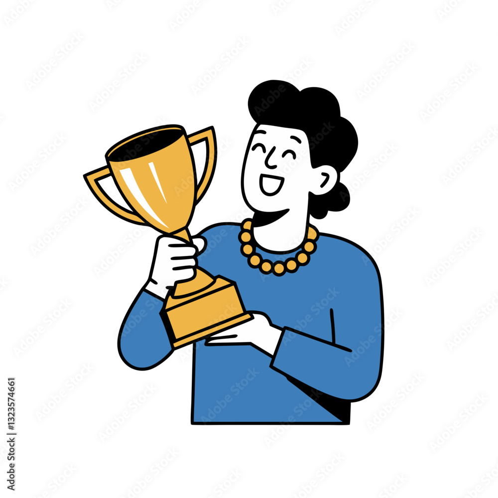Fototapeta premium Happy Woman Holding Trophy in Celebration Vector Illustration