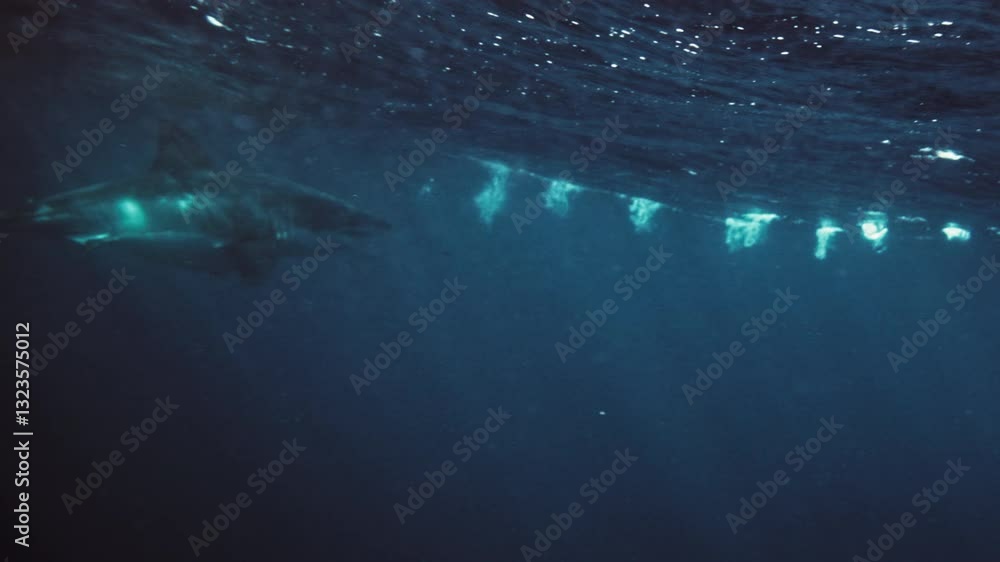 Great white shark circling near surface of open deep blue waters, Neptune Island Australia, slow motion underwater natural backdrop Great white shark circling near surface of open deep blue waters, Neptune Island Australia, slow motion underwater natural backdrop