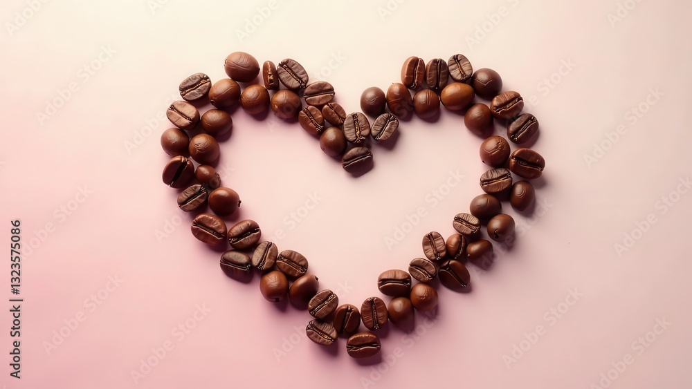 Aromatic Coffee Beans Arranged in a Heart Shape on a Soft Pink Background, Representing Love and Warmth Aromatic Coffee Beans Arranged in a Heart Shape on a Soft Pink Background, Representing Love and Warmth