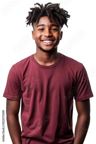 Cheerful, young African American teenage boy or high school student with short curly dreadlocks wearing a maroon t-shirt and smiling, isolated on a transparent background, cut out