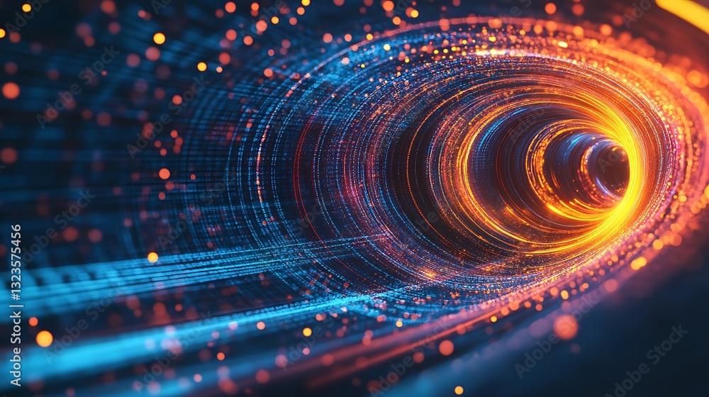 Obraz premium Abstract Data Tunnel: Blue and Orange Glowing Particles in Digital Information Stream Visualization.
