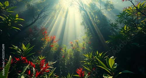 a vibrant tropical forest with sunlight streaming through the canopy. Lush green leaves and bright red plants create a stunning contrast, evoking a serene and enchanting atmosphere.