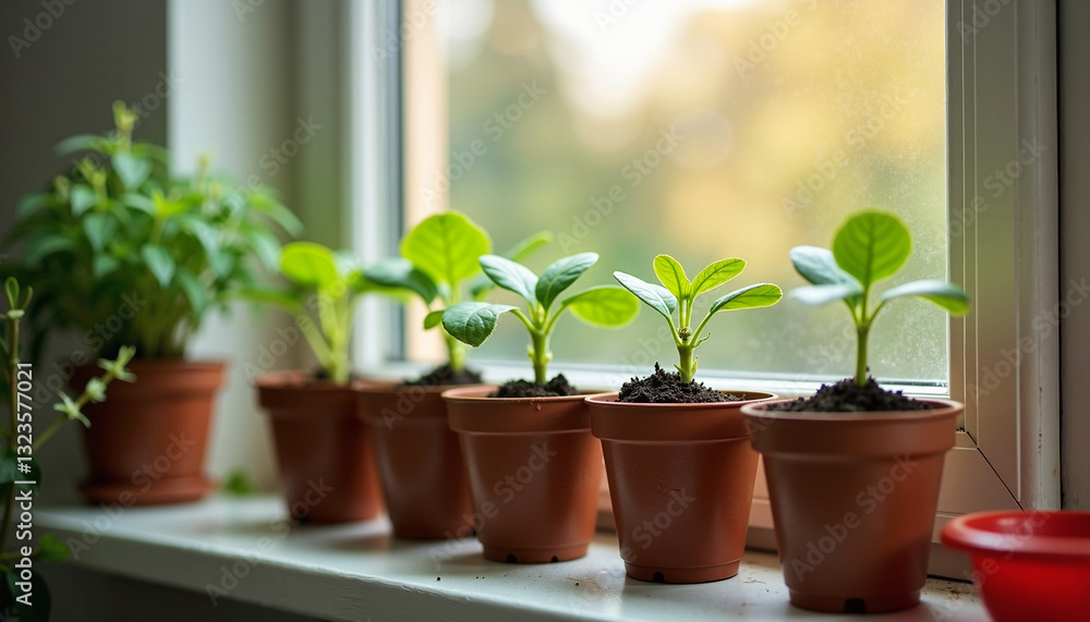Potted plants growing on windowsill in natural light Potted plants growing on windowsill in natural light
