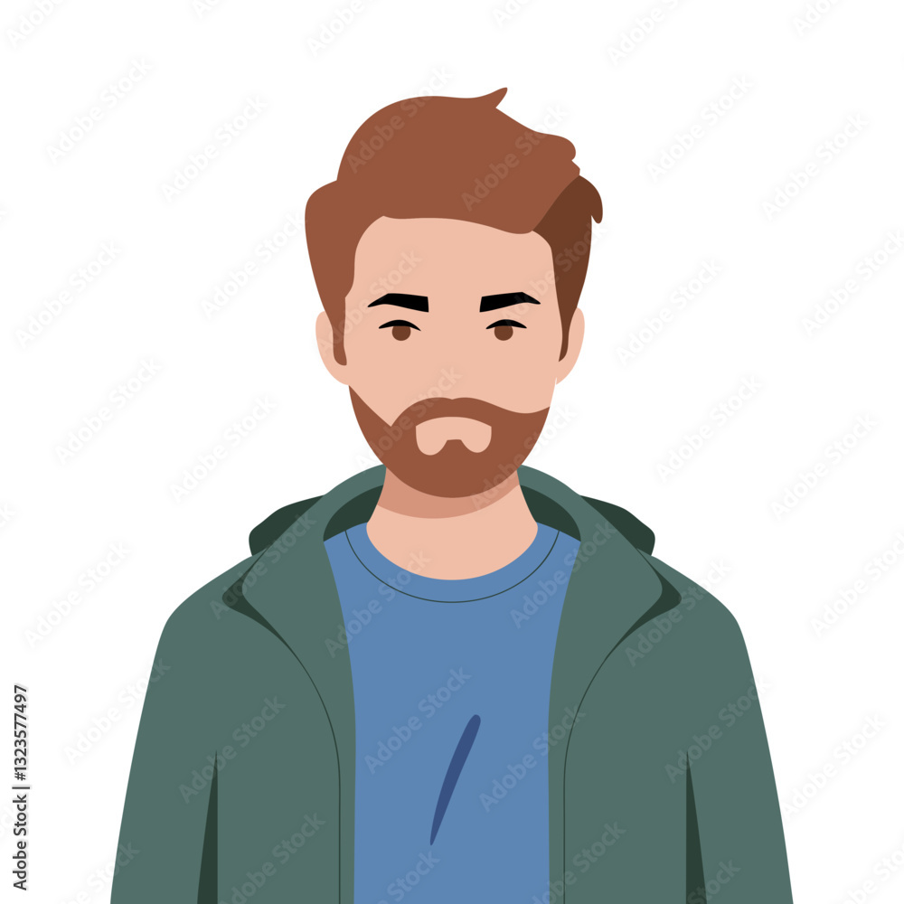 Vector Illustration of Bearded Man with Brown Hair Wearing Casual Hoodie Vector Illustration of Bearded Man with Brown Hair Wearing Casual Hoodie