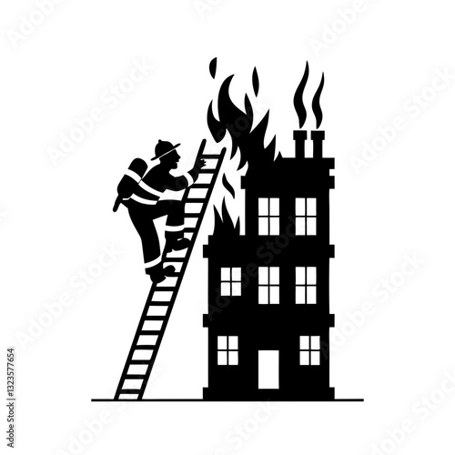 Firefighter Climbing Ladder to Burning Building Vector Illustration