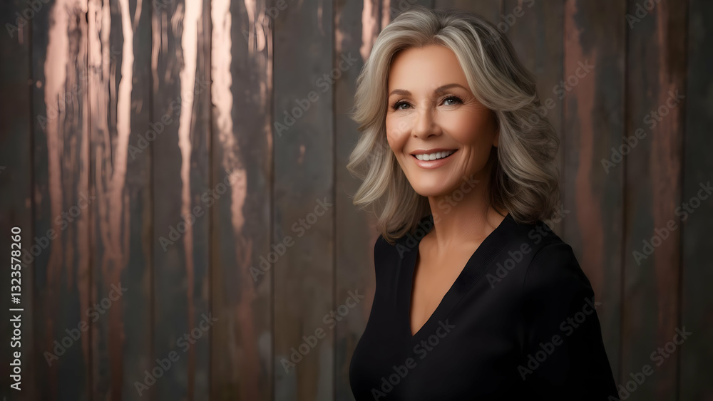 Fototapeta premium Charm of Angled Light: A Woman in Her Mid-40s in f/2.8 Focus, Rustic Wood and Rose-Gold Streaks Highlight Her Premium Smooth Complexion