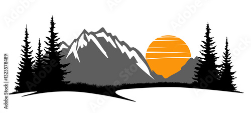Black silhouette of mountains and fir trees camping adventure wildlife sunset sunrise landscape panorama illustration icon vector for logo, isolated on white background