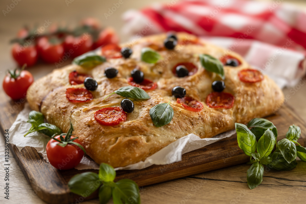 Focaccia - Italian Bread with tomatoes basil leaves olives and olive oil on cutting board