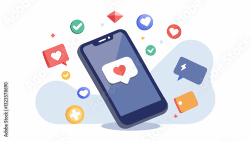 The image shows a smartphone with a notification in the form of a heart, symbolizing a like on social media.