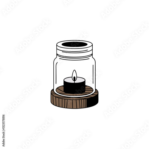 Vector Illustration of Jar Candle Glowing on Wooden Base for Home Decor and Relaxation