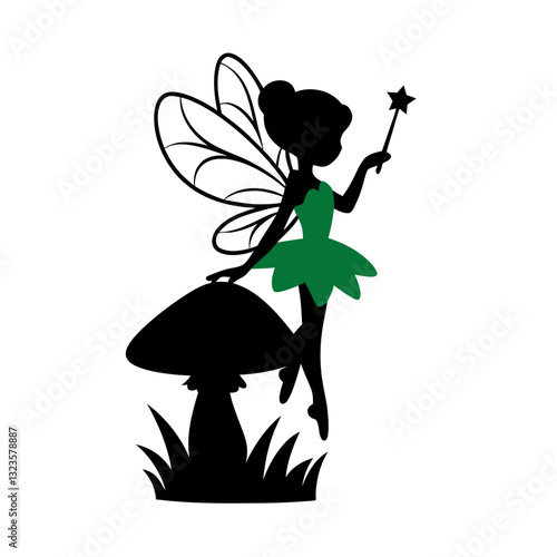 Magical Fairy Silhouette with Wand and Mushroom Vector Illustration