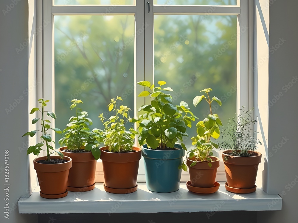 Herbs in pots on a windowsill with a view of a sunny garden. Interior design, natural light. Herbs in pots on a windowsill with a view of a sunny garden. Interior design, natural light.