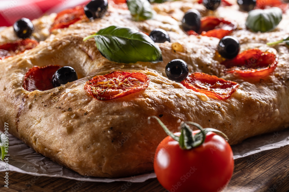 Focaccia - Italian Bread with tomatoes basil leaves olives and olive oil on cutting board