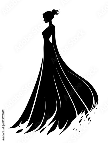 Elegant Woman Silhouette in Flowing Gown Vector Art for Design Inspiration