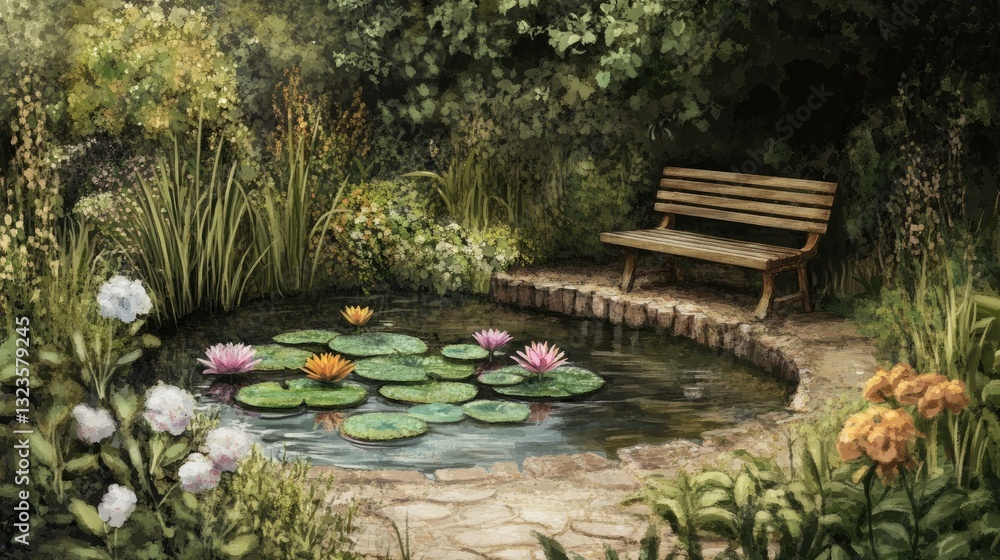 Obraz premium Serene Garden Pond with Wooden Bench and Water Lilies