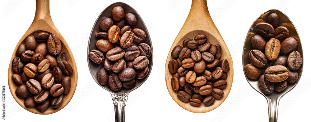 Extreme close-up and directly above. Metal and wooden spoon full of roasted coffee beans, isolated on white or transparent background, collection and variation. Png. Generative Ai. Extreme close-up and directly above. Metal and wooden spoon full of roasted coffee beans, isolated on white or transparent background, collection and variation. Png. Generative Ai.