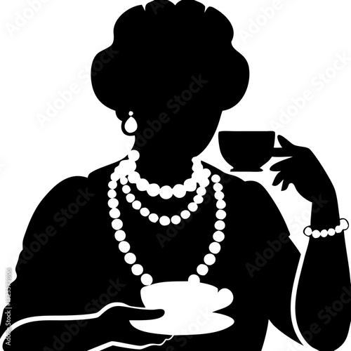 Elegant Woman Silhouette Enjoying Tea with Pearls Vector Art