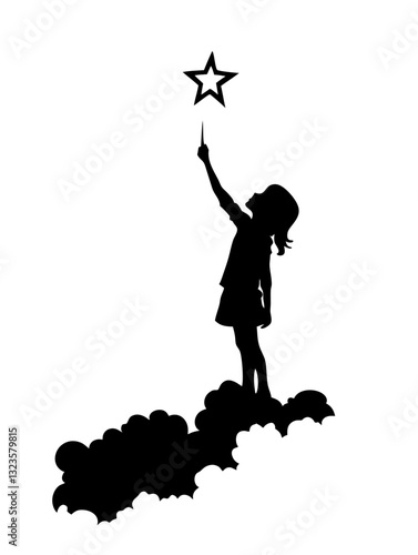 Child Reaching for Star Silhouette on Cloud Creative Vector Illustration