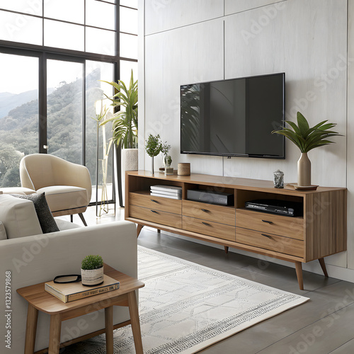 Stylish Living Room with Modern TV Unit and Scenic View