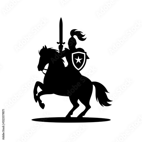 Knight Silhouette on Rearing Horse with Sword and Shield Vector