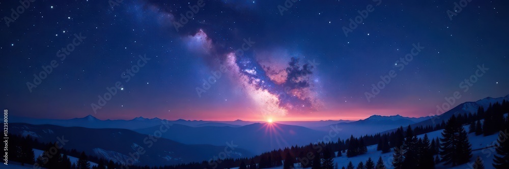 Fototapeta premium Vast night sky panorama, countless stars shimmering , purple, glitter