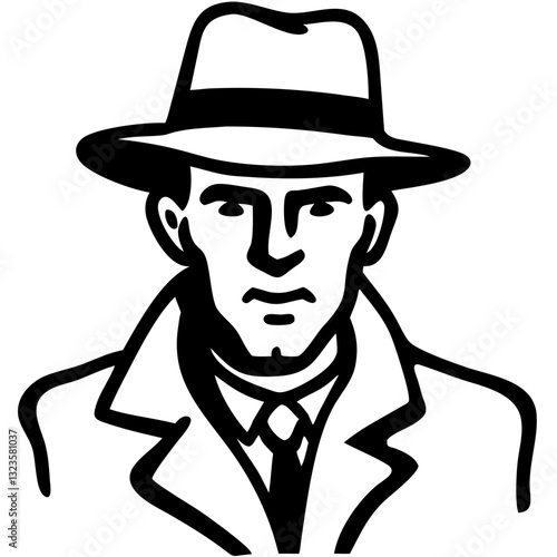 Vintage Detective Silhouette Wearing Fedora and Trench Coat Illustration Vector