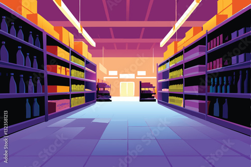 Generate a photorealistic image of a wide aisle in a bustling supermarket, showcasing diverse products and shoppers.