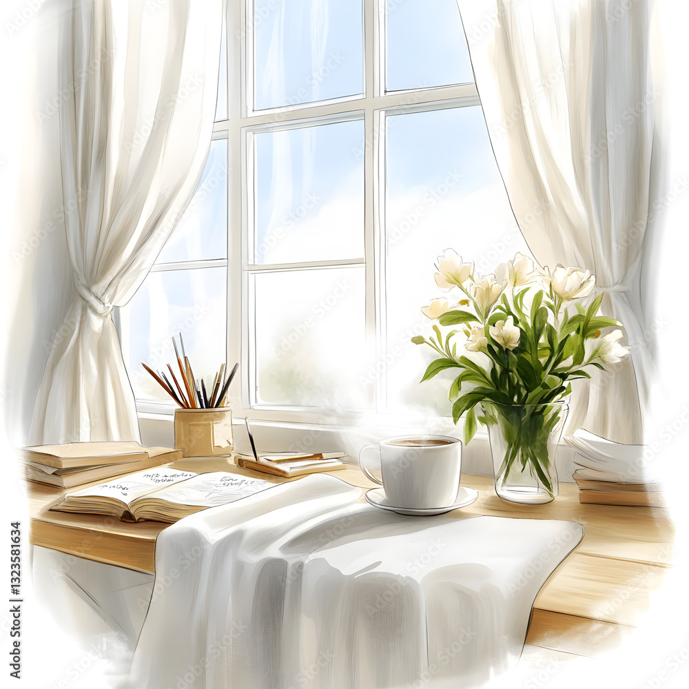 Cozy reading nook with a cup of coffee by a sunny window Cozy reading nook with a cup of coffee by a sunny window