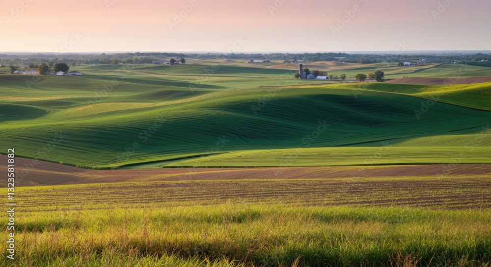 Rolling green fields with farms under pastel sky at sunrise Rolling green fields with farms under pastel sky at sunrise