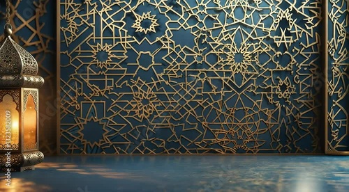 a lantern next to a blue and gold arabesque patterned wall for a festive, holy month, or Islamic celebration