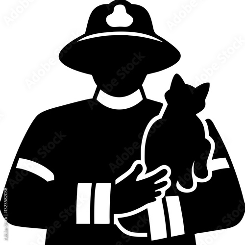 Firefighter Hero Silhouette Rescues Cat Vector Illustration for Emergency Safety