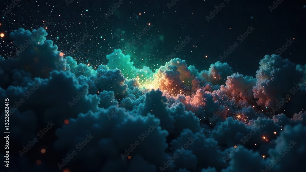 Fototapeta premium Celestial Cloudscape An ethereal dreamscape of luminous clouds and sparkling dust, a vibrant cosmic panorama of otherworldly beauty, a breathtaking vision of nocturnal serenity.