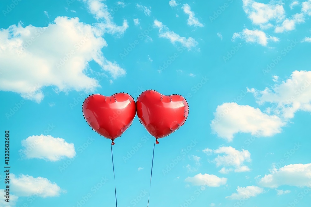 Two vibrant red heart-shaped balloons float in a bright blue sky, perfect for Valentine's Day promotions, wedding invitations, or romantic event designs. Two vibrant red heart-shaped balloons float in a bright blue sky, perfect for Valentine's Day promotions, wedding invitations, or romantic event designs.