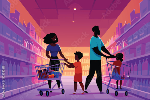 A happy family, parents and children, selecting groceries together in a brightly lit supermarket aisle.  Focus on joyful interaction.