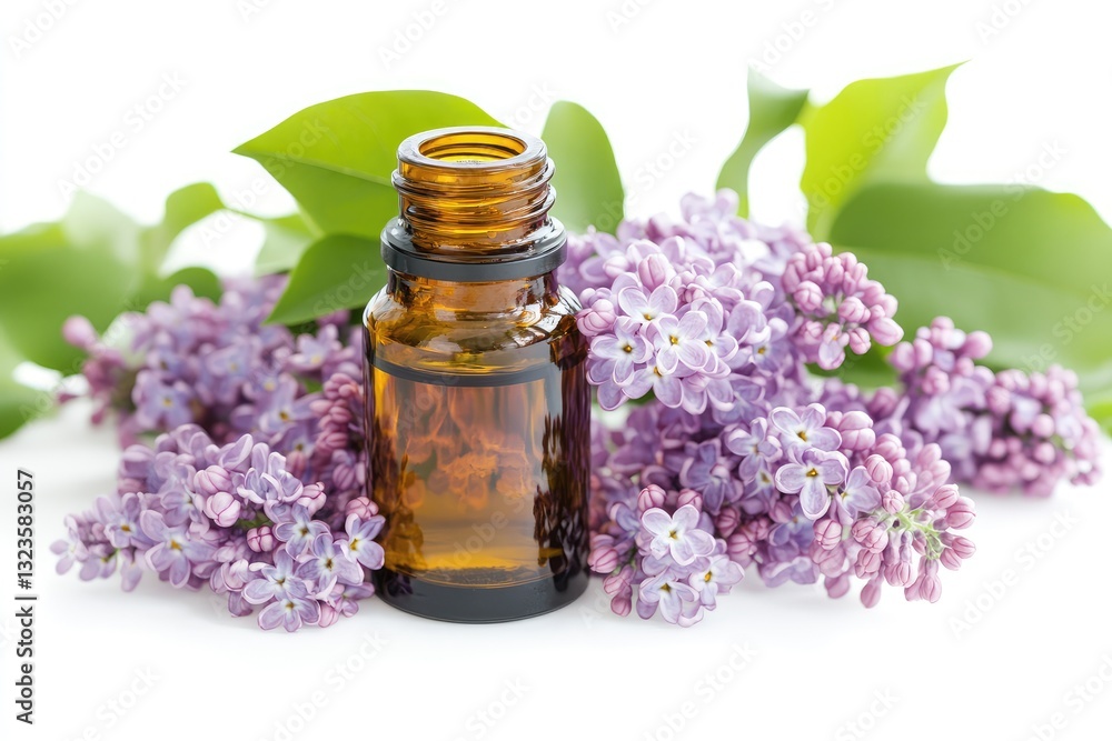 Lilac Essential Oil Bottle on White Background Lilac Essential Oil Bottle on White Background