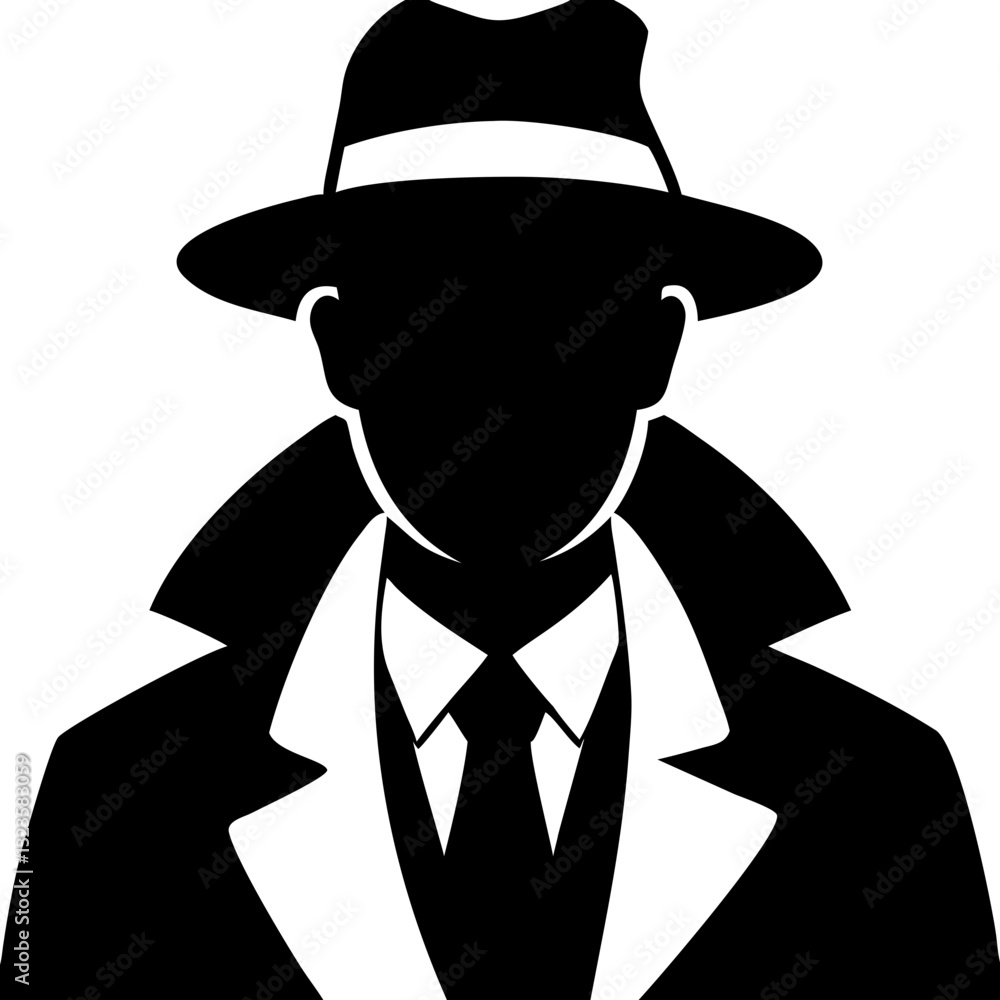 Mysterious Detective Silhouette in Hat and Trench Coat Illustration for Detective Themes Mysterious Detective Silhouette in Hat and Trench Coat Illustration for Detective Themes