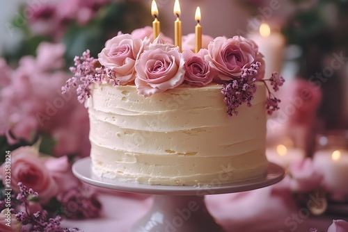 Romantic Rose Birthday Cake with Candles for Celebrations and Events