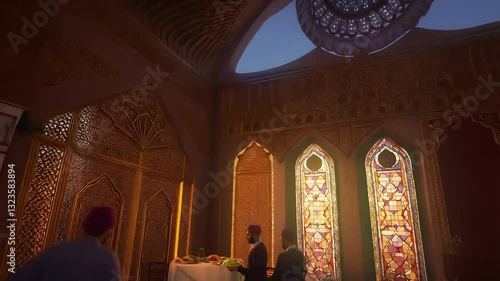 an interior with stained-glass windows for ramadan background