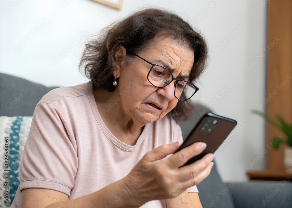 Elderly woman with glasses looking at her smartphone with a confused expression, struggling to read the screen due to vision problems Elderly woman with glasses looking at her smartphone with a confused expression, struggling to read the screen due to vision problems