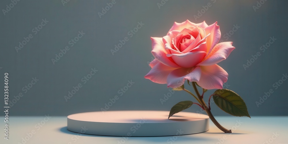 Fototapeta premium A Delicate Pink Rose Gracefully Leans Over a Smooth, Circular Pedestal Against a Subtle Teal Background