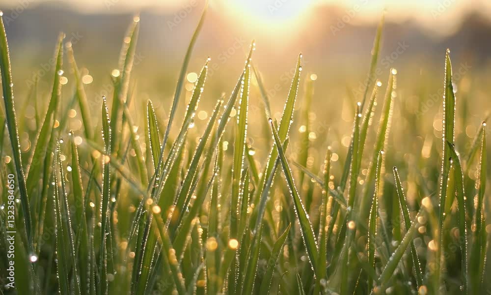 sunlight dancing on tiny water droplets resting on grass blades, enhancing a refreshing and soothing ambiance with rich green hues sunlight dancing on tiny water droplets resting on grass blades, enhancing a refreshing and soothing ambiance with rich green hues
