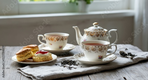 Wallpaper Mural Elegant tea setup with scones on wooden table by window Torontodigital.ca