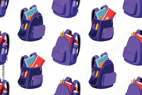 Create a seamless vector pattern featuring various styles of backpacks overflowing with colorful books.  Include diverse backpack designs and book sizes.