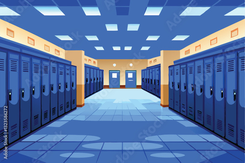 Create a seamless vector pattern depicting a repeating design of school hallways, including lockers, posters, and students subtly integrated within the hallway scene.